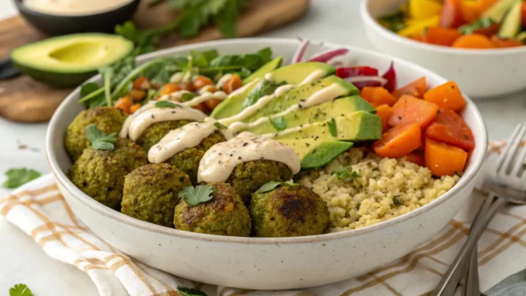 A falafel bowl with lupin falafels, quinoa, and veggies.