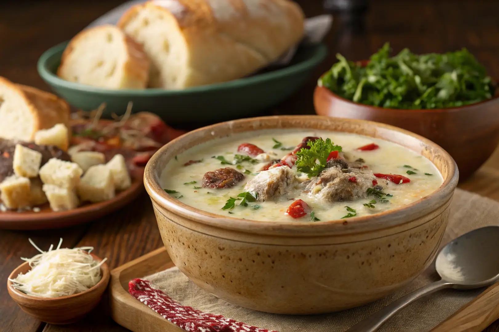 Rustic creamy Parmesan Italian sausage soup with bread and salad.