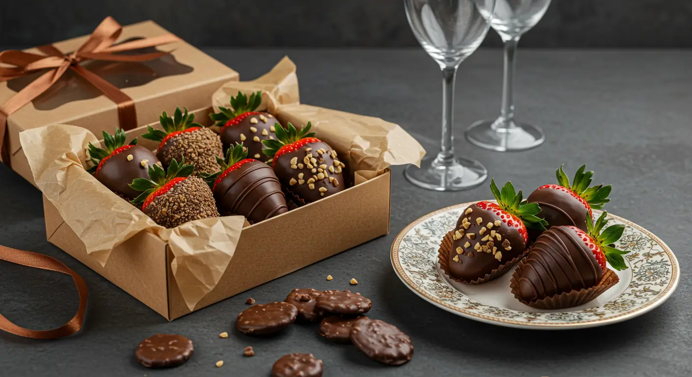 Carob-covered strawberries in a gift box and on a party plate.