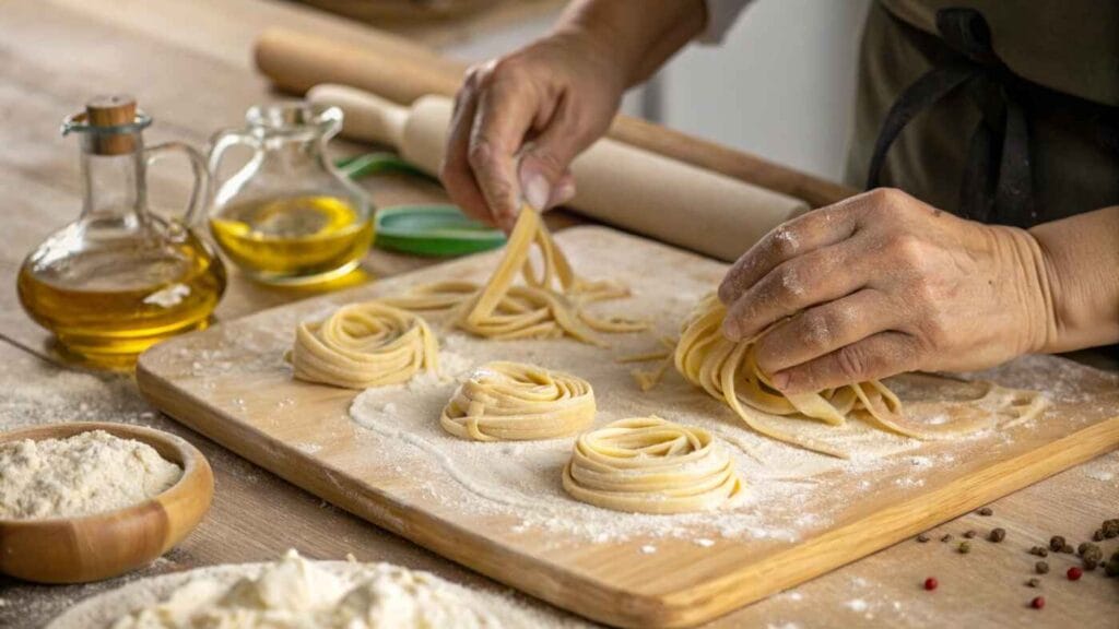 Hands rolling Strozzapreti dough on a wooden surface