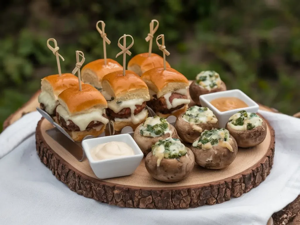 “Mini appetizers like sliders and stuffed mushrooms with dipping sauces.”