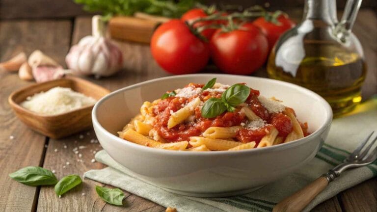 Bowl of Strozzapreti pasta topped with tomato sauce and Parmesan