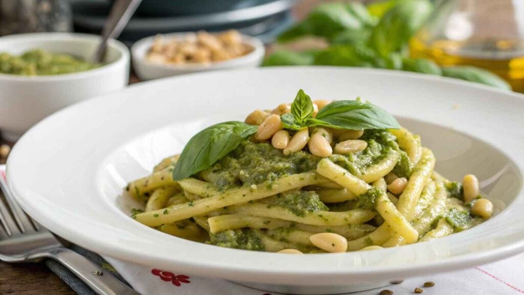 Strozzapreti pasta with creamy pesto sauce on a white plate