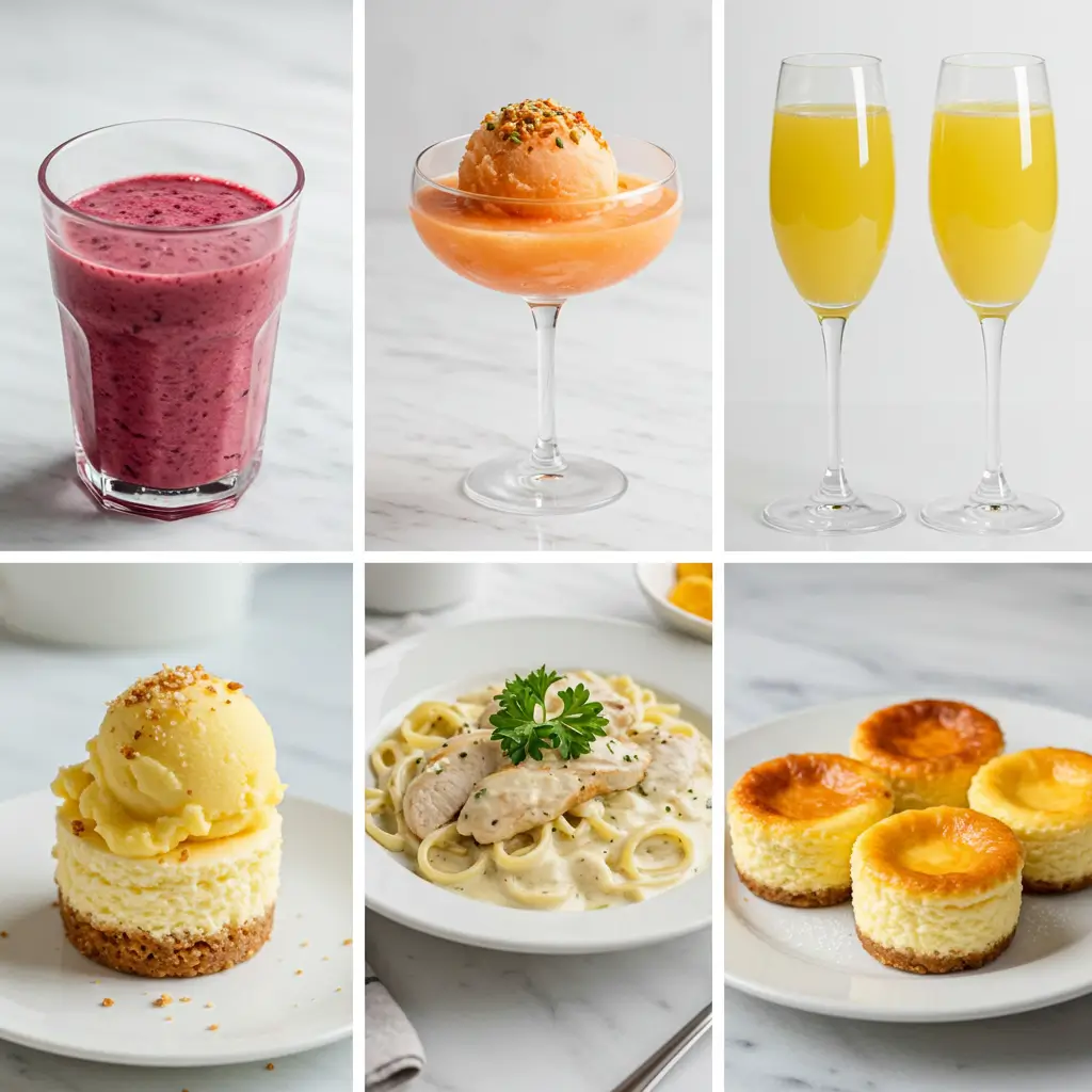 Collage of colorful mini dishes, including smoothies and cheesecakes.