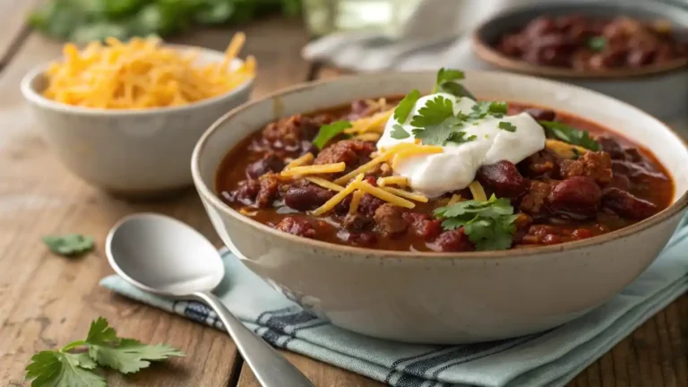 Bowl of turkey cranberry chili topped with sour cream and cheese.
