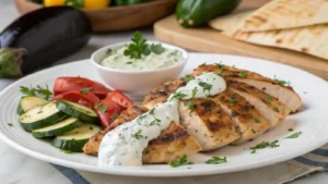 Sliced grilled Cava chicken with tzatziki, pita, and roasted vegetables