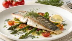 branzino fillet with herbs, lemon, and sautéed vegetables