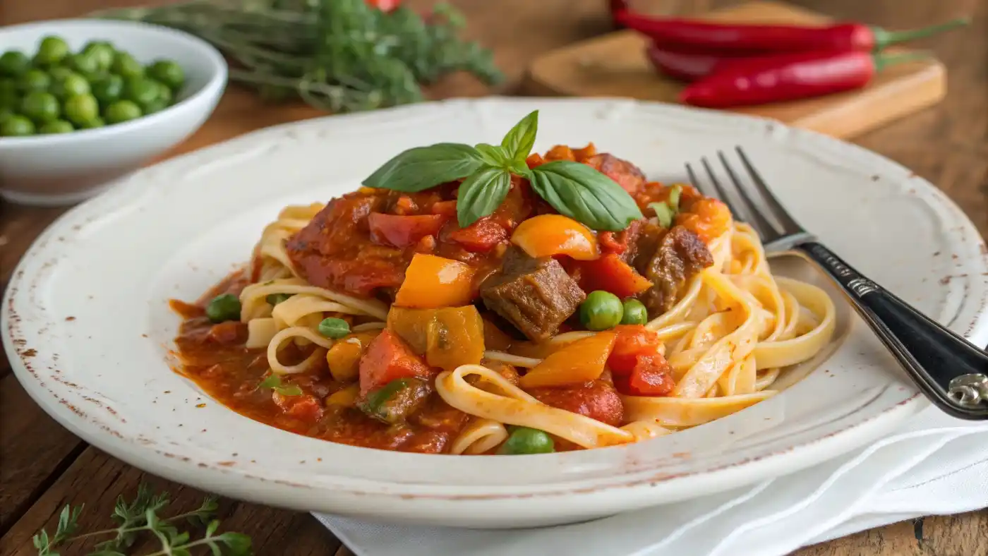 A bowl of slumgullion with a side of garlic bread, salad, and iced tea on a dining table.