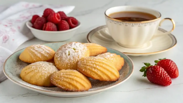 madeline cookies with fresh berries and tea
