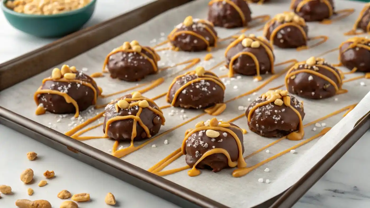 peanut clusters drizzled with golden caramel sauce and topped with sea salt