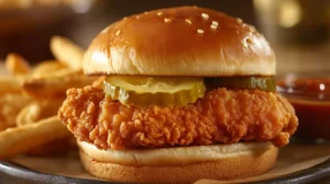 Crispy fried chicken sandwich on a bun with pickles