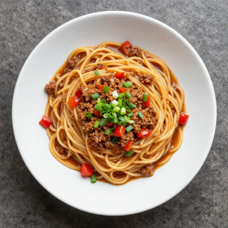 Close-up of a plate of rich, hearty 'Dirty Spaghetti' with a generous amount of sauce, ground meat, and fresh herbs.