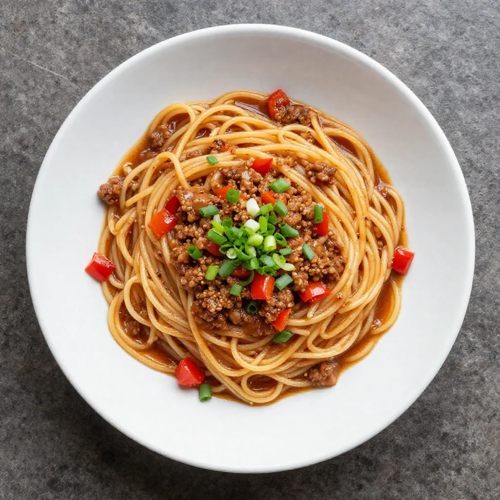 Close-up of a plate of rich, hearty 'Dirty Spaghetti' with a generous amount of sauce, ground meat, and fresh herbs.