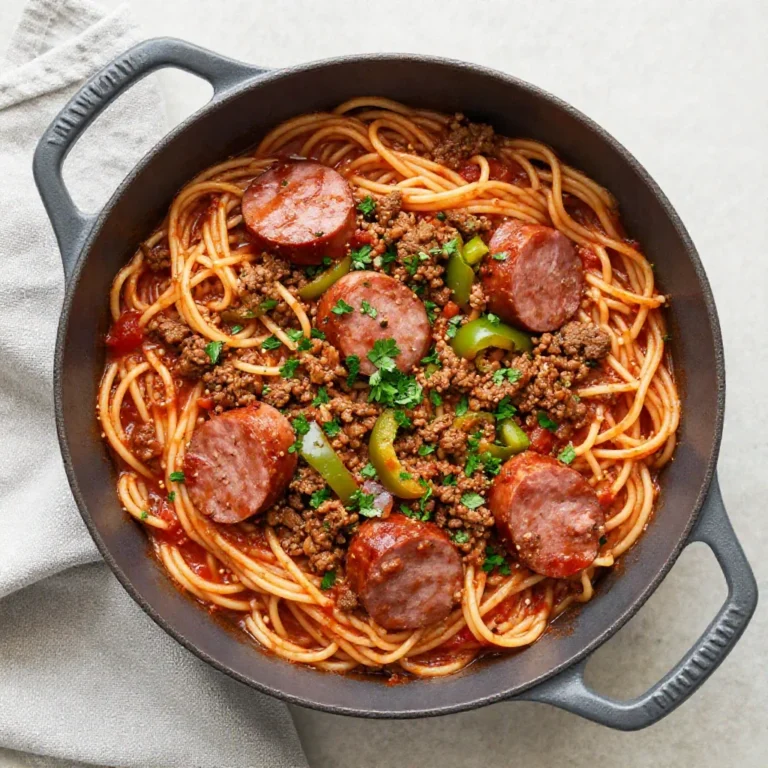 A close-up shot of 'dirty spaghetti' in a large skillet, showing a rich, meaty tomato sauce coating long strands of pasta, mixed with ground beef and sausage.