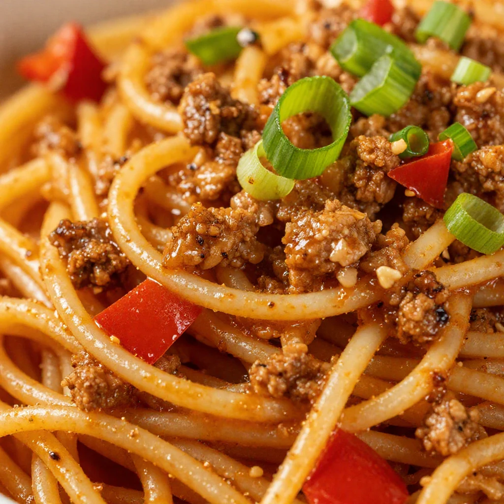 Close-up of a plate of rich, hearty 'Dirty Spaghetti' with a generous amount of sauce, ground meat, and fresh herbs.