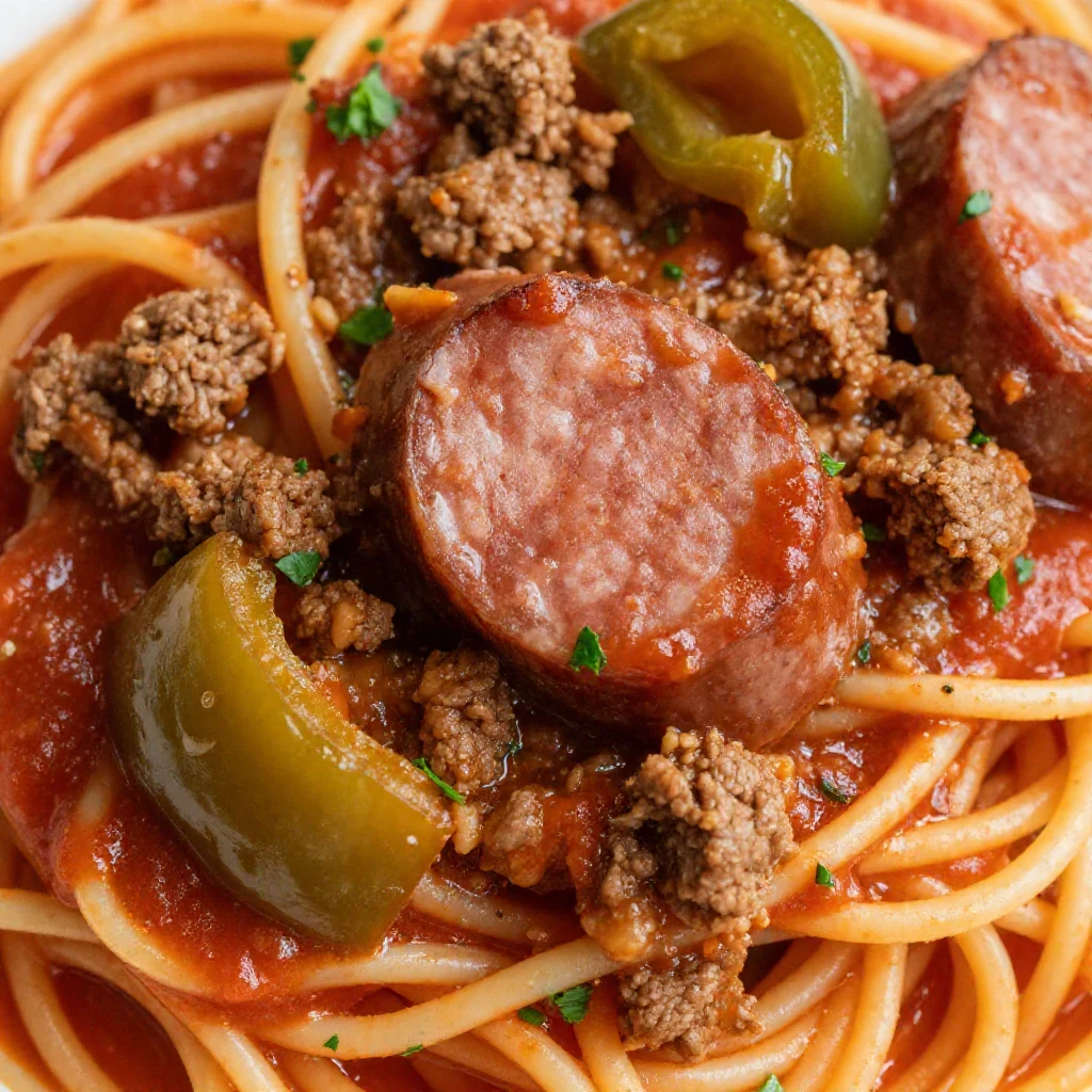 A close-up shot of 'dirty spaghetti' in a large skillet, showing a rich, meaty tomato sauce coating long strands of pasta, mixed with ground beef and sausage.
