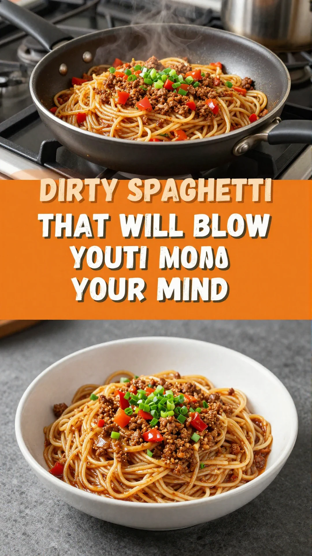 Close-up of a plate of rich, hearty 'Dirty Spaghetti' with a generous amount of sauce, ground meat, and fresh herbs.