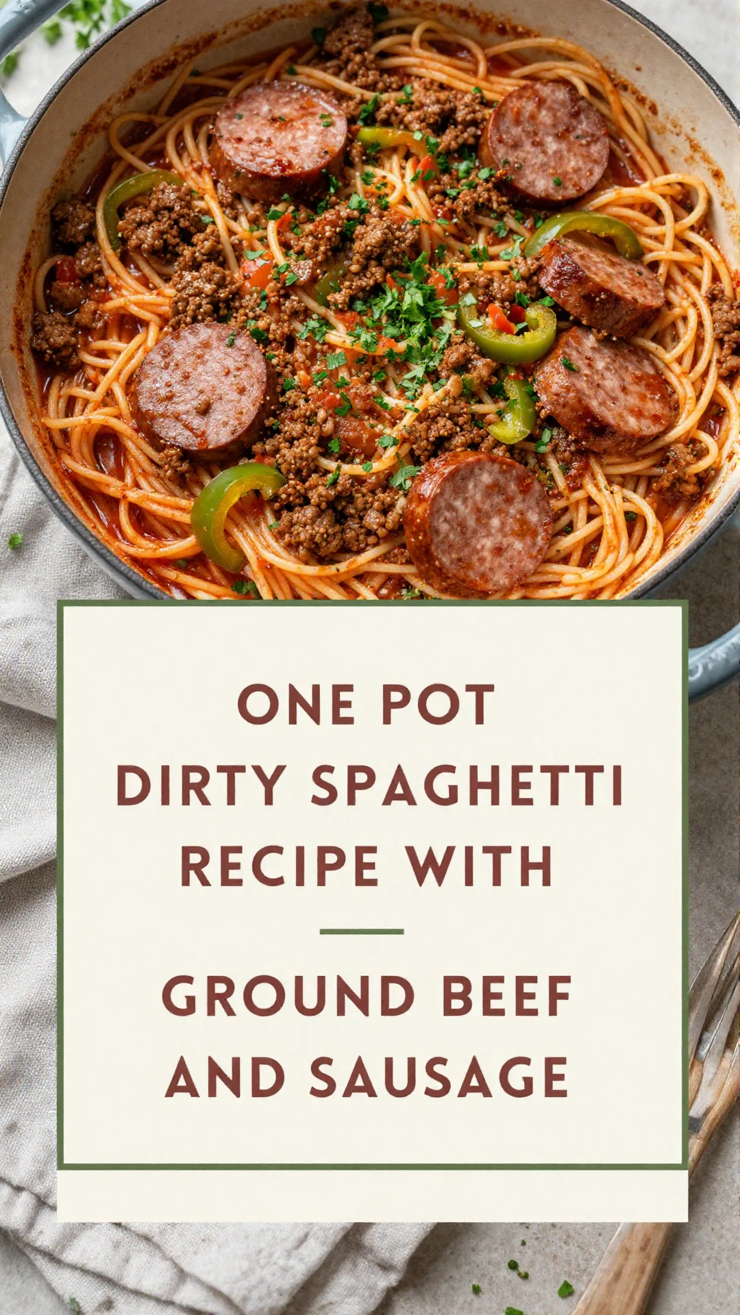 A close-up shot of 'dirty spaghetti' in a large skillet, showing a rich, meaty tomato sauce coating long strands of pasta, mixed with ground beef and sausage.