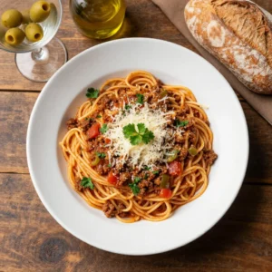 A close-up shot of a plate of dirty spaghetti, featuring a rich, dark sauce coating al dente pasta, garnished with fresh parsley and grated Parmesan cheese.
