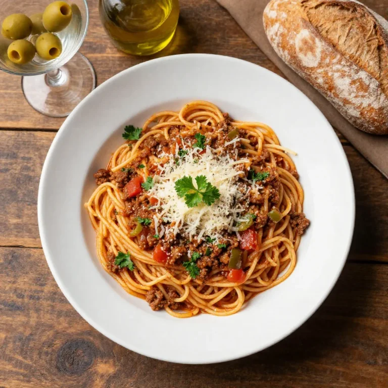 A close-up shot of a plate of dirty spaghetti, featuring a rich, dark sauce coating al dente pasta, garnished with fresh parsley and grated Parmesan cheese.