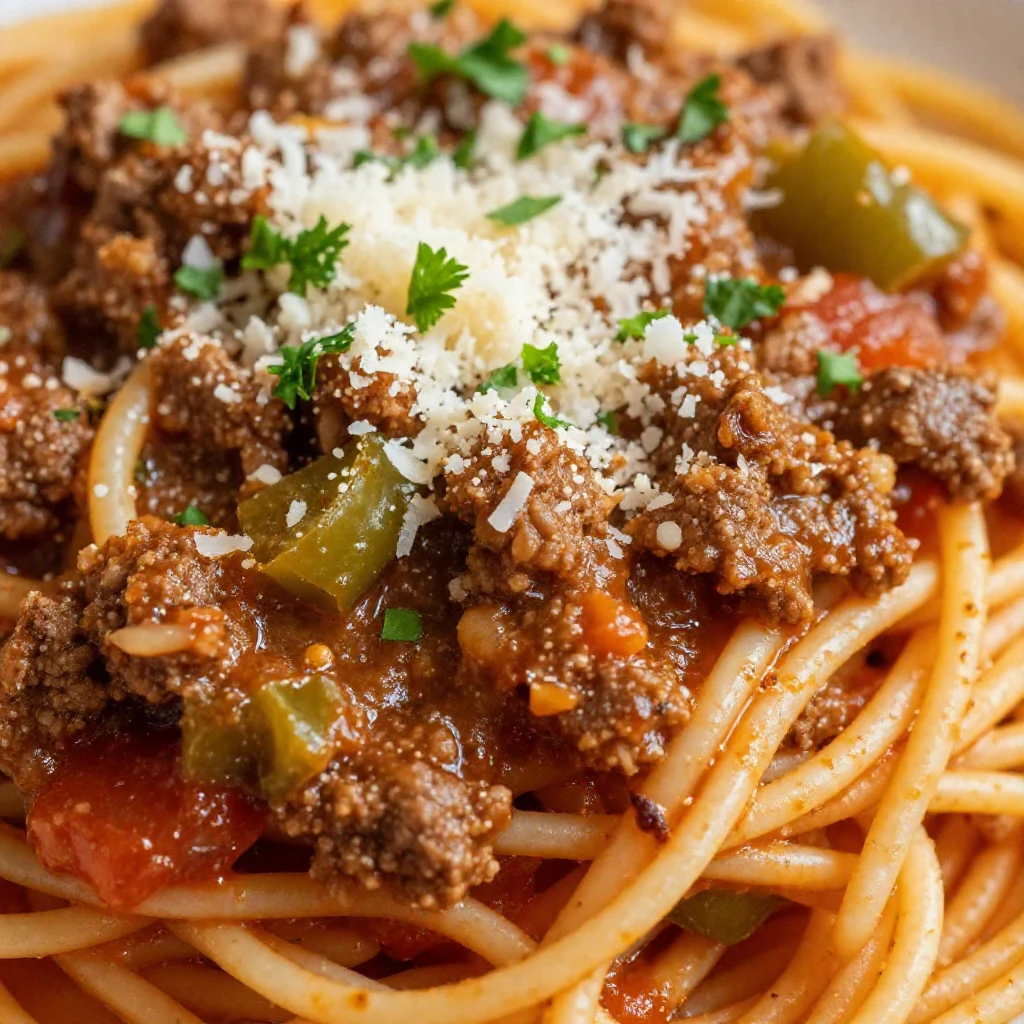 A close-up shot of a plate of dirty spaghetti, featuring a rich, dark sauce coating al dente pasta, garnished with fresh parsley and grated Parmesan cheese.