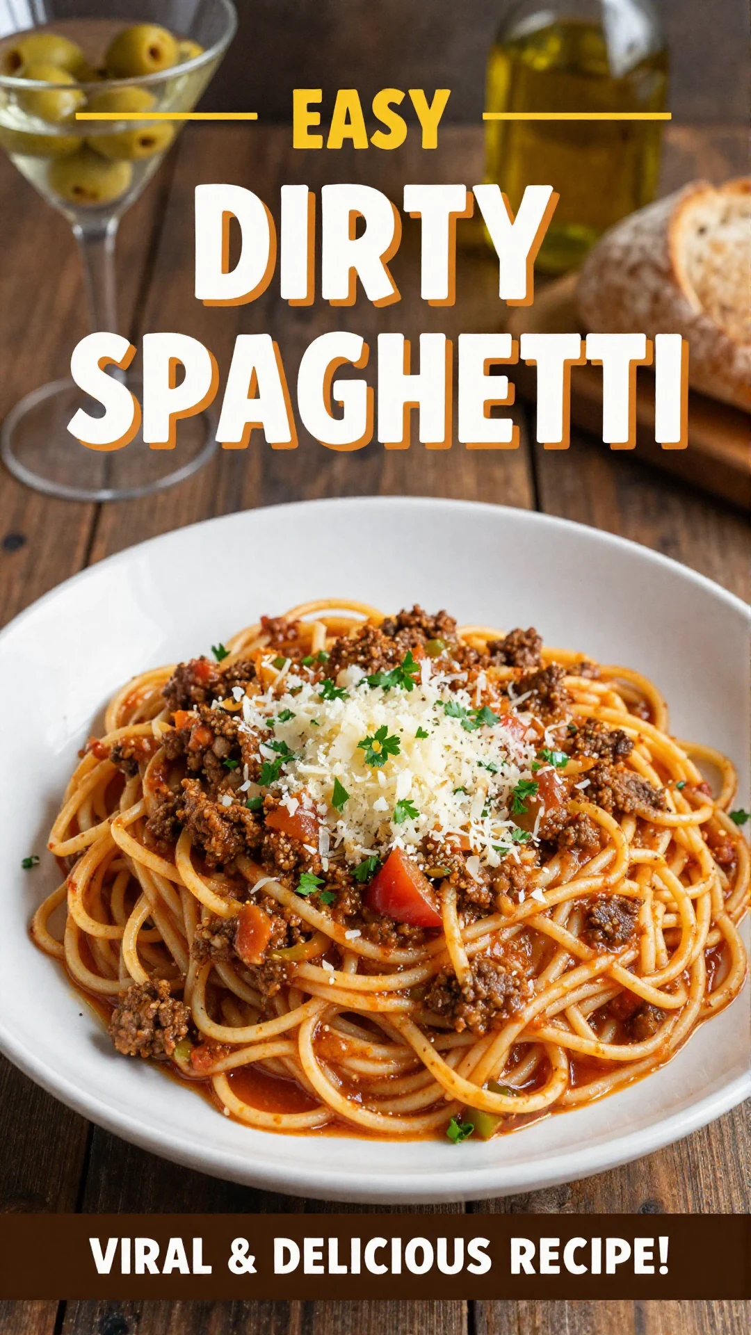 A close-up shot of a plate of dirty spaghetti, featuring a rich, dark sauce coating al dente pasta, garnished with fresh parsley and grated Parmesan cheese.