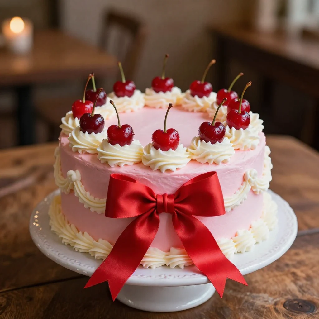 A beautifully decorated pink cake topped with cherries and a bow sticker