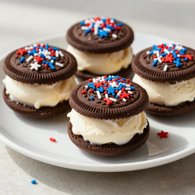 A plate of colorful mini ice cream sandwiches decorated with red, white, and blue sprinkles for 4th of July celebrations.