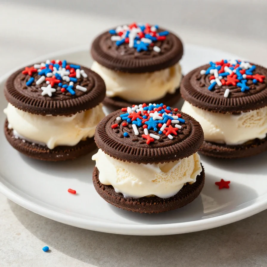 A plate of colorful mini ice cream sandwiches decorated with red, white, and blue sprinkles for 4th of July celebrations.