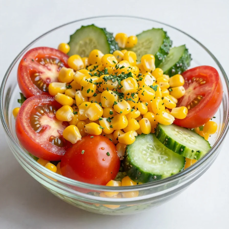 A colorful corn salad with cherry tomatoes, bell peppers, and fresh herbs in a bowl