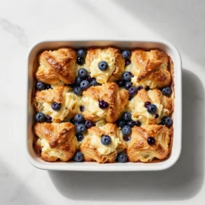 A delicious blueberry cream cheese croissant casserole baked to golden perfection