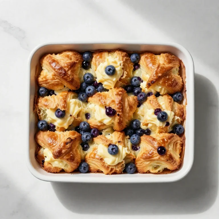A delicious blueberry cream cheese croissant casserole baked to golden perfection