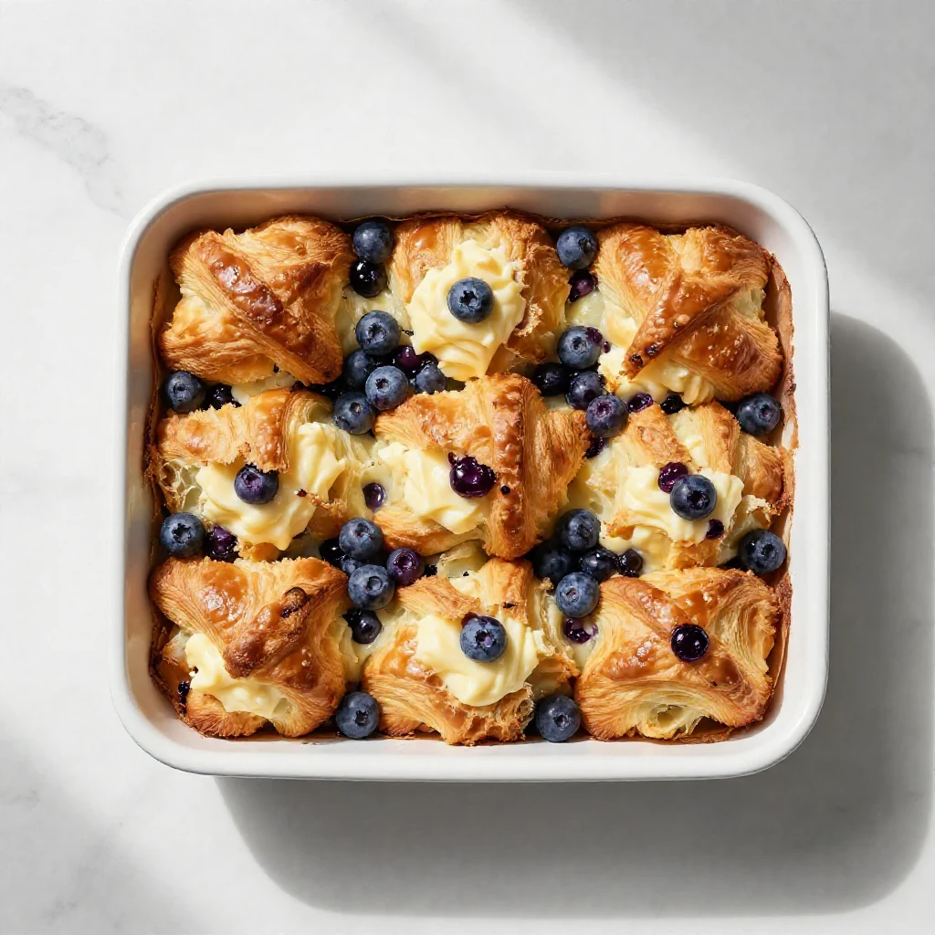 A delicious blueberry cream cheese croissant casserole baked to golden perfection