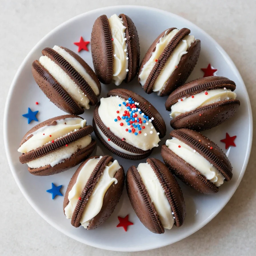 A plate of colorful mini ice cream sandwiches decorated with red, white, and blue sprinkles for 4th of July celebrations.