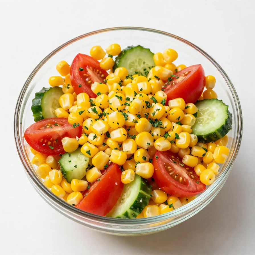 A colorful corn salad with cherry tomatoes, bell peppers, and fresh herbs in a bowl