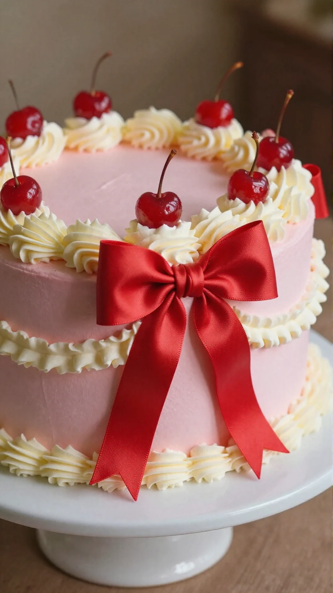 A beautifully decorated pink cake topped with cherries and a bow sticker