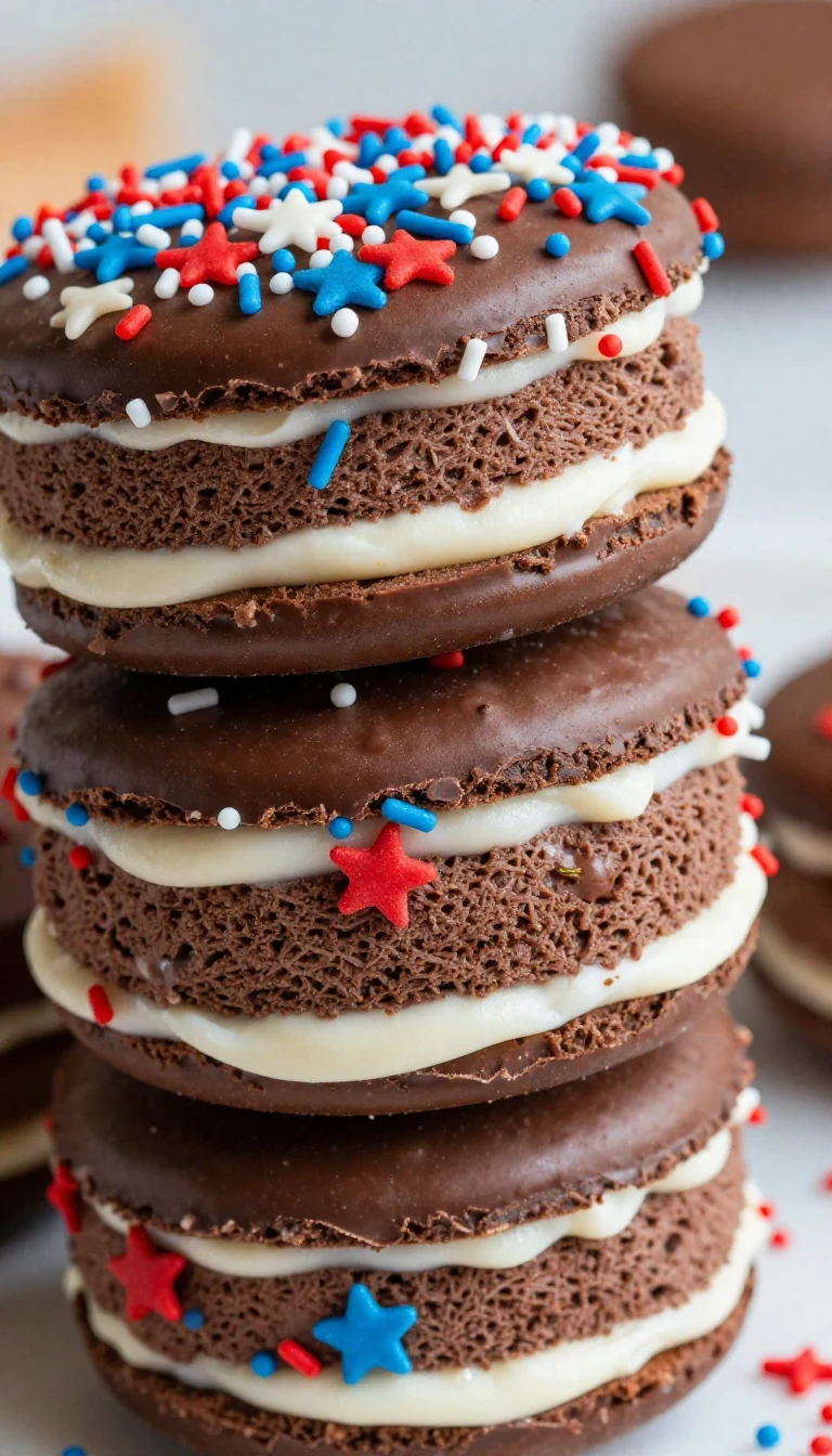 A plate of colorful mini ice cream sandwiches decorated with red, white, and blue sprinkles for 4th of July celebrations.