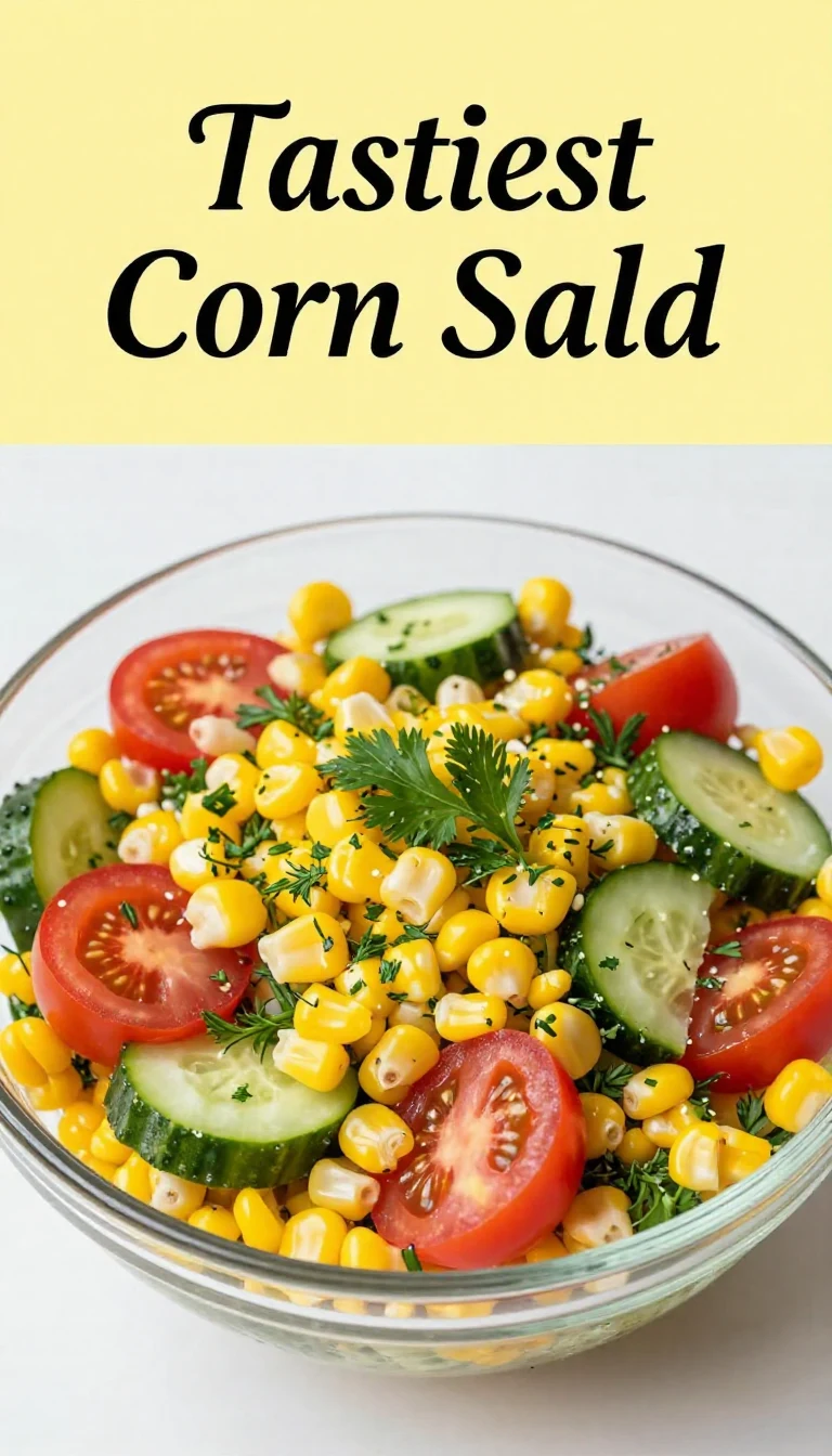 A colorful corn salad with cherry tomatoes, bell peppers, and fresh herbs in a bowl