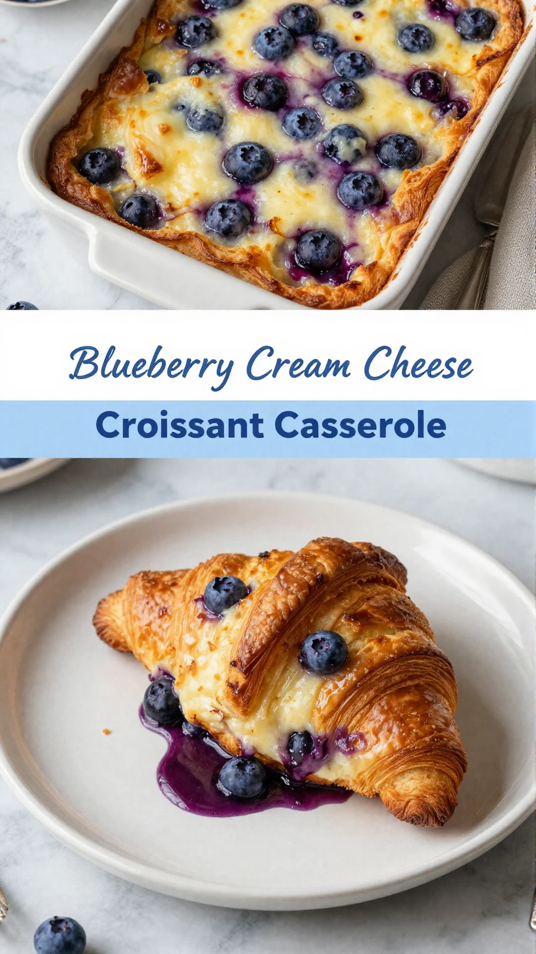 A delicious blueberry cream cheese croissant casserole baked to golden perfection