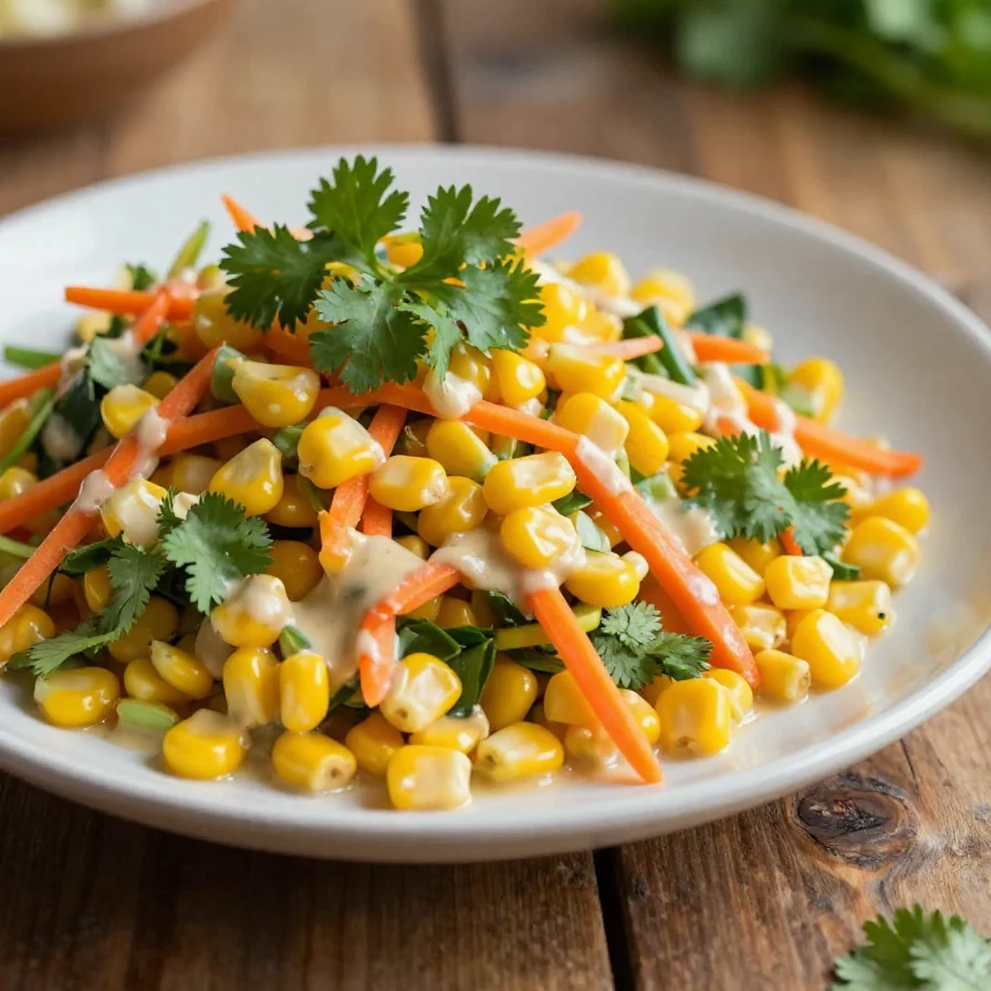 A vibrant bowl of crunchy corn slaw with colorful vegetables