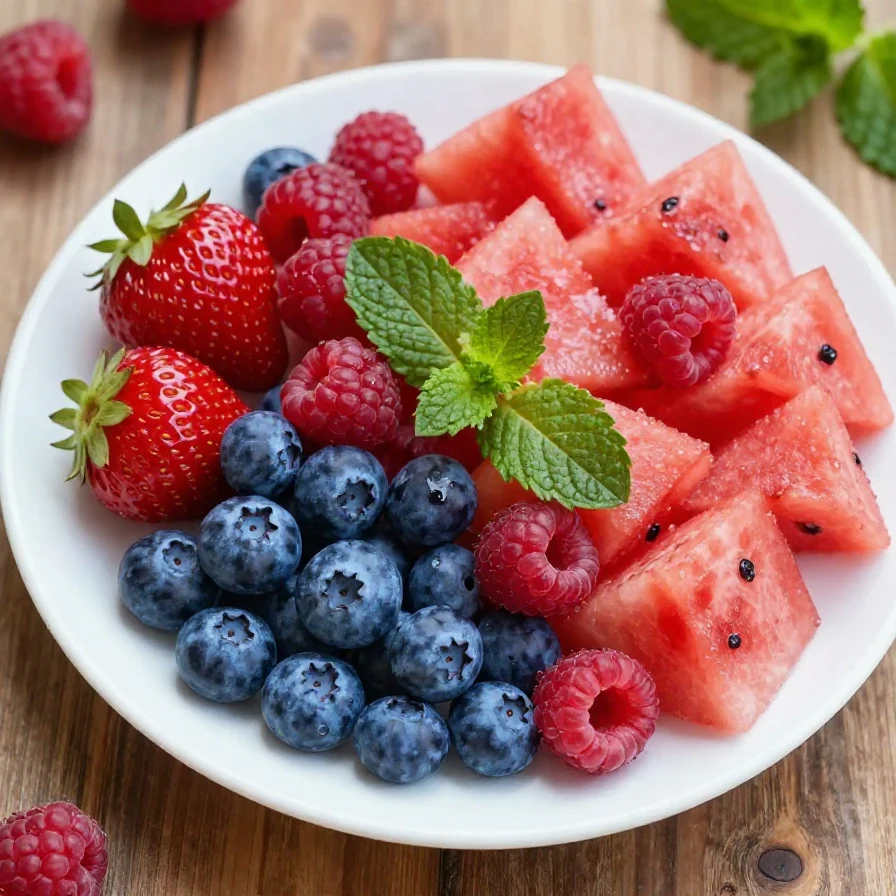 A vibrant berry watermelon fruit salad featuring strawberries, blueberries, and watermelon chunks in a bowl