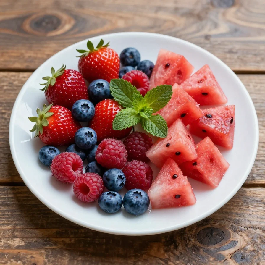 A vibrant berry watermelon fruit salad featuring strawberries, blueberries, and watermelon chunks in a bowl