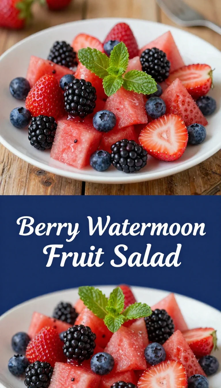 A vibrant berry watermelon fruit salad featuring strawberries, blueberries, and watermelon chunks in a bowl