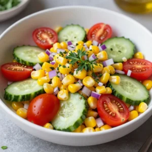 A vibrant bowl of corn salad with fresh vegetables and herbs
