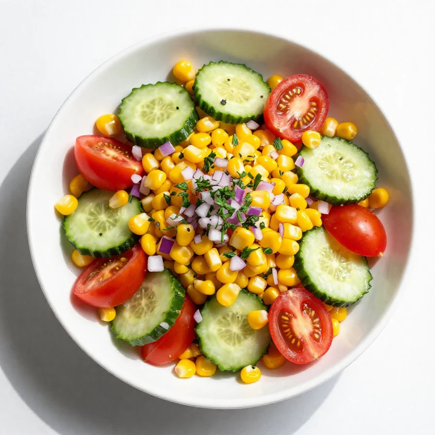 A vibrant bowl of corn salad with fresh vegetables and herbs