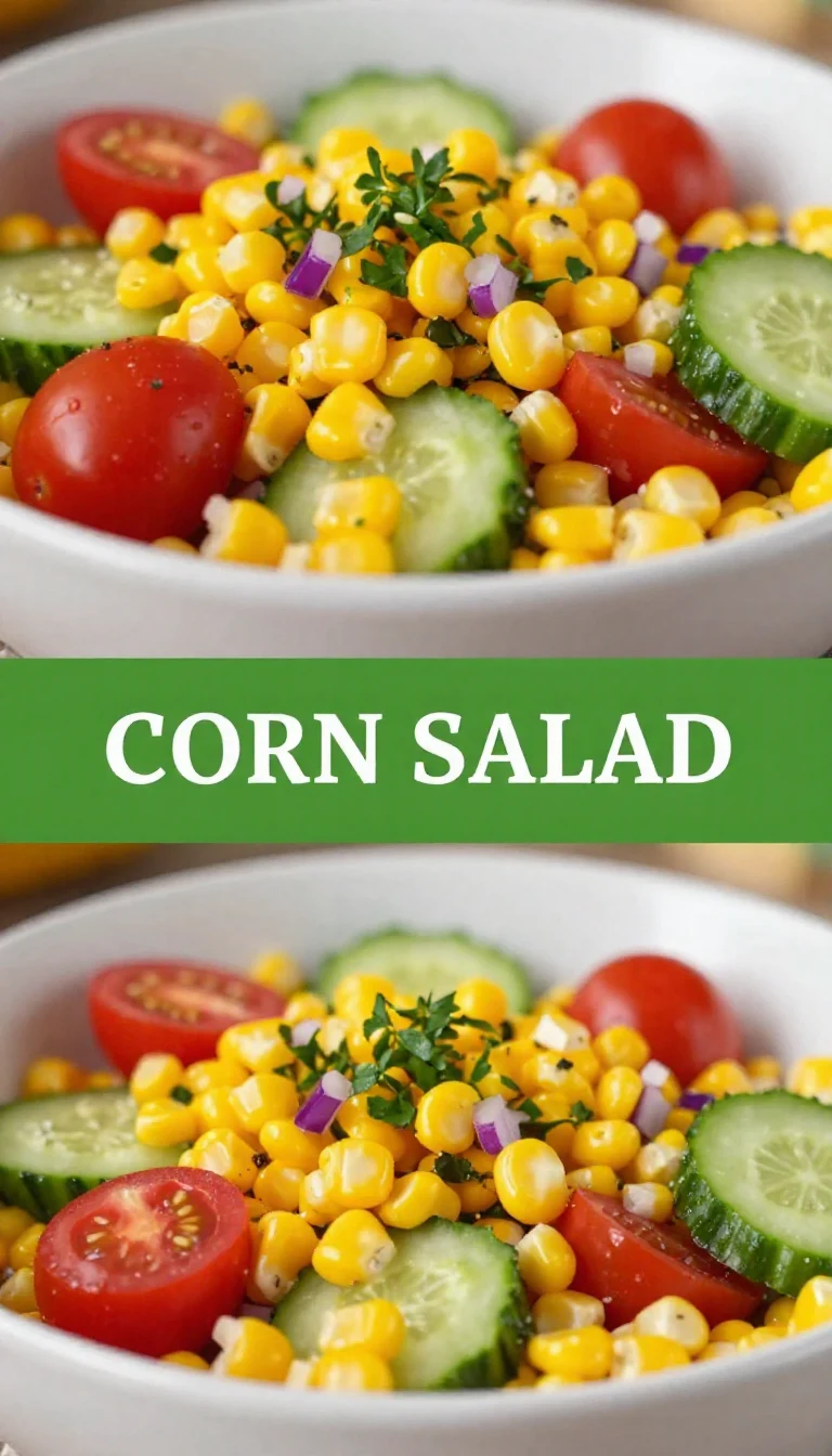 A vibrant bowl of corn salad with fresh vegetables and herbs
