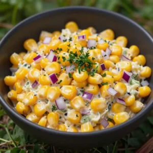A vibrant bowl of crack corn salad with fresh vegetables and herbs