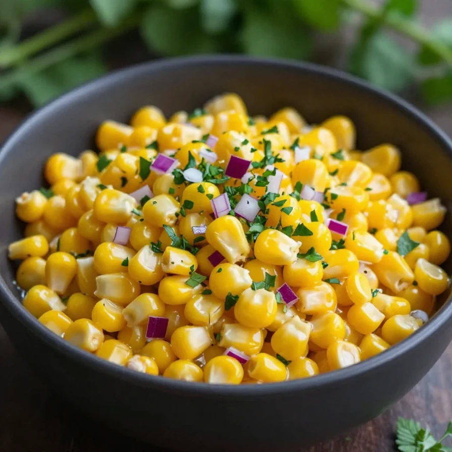 A vibrant bowl of crack corn salad with fresh vegetables and herbs