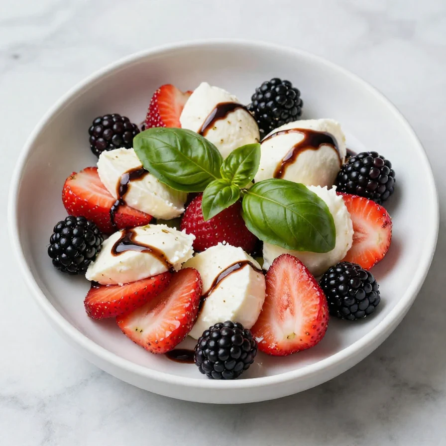 A colorful Berry Caprese Salad featuring fresh mozzarella, strawberries, blueberries, and basil leaves on a white plate.