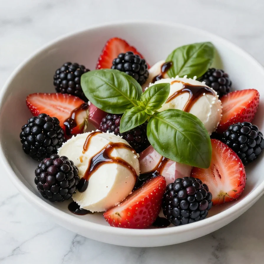 A colorful Berry Caprese Salad featuring fresh mozzarella, strawberries, blueberries, and basil leaves on a white plate.